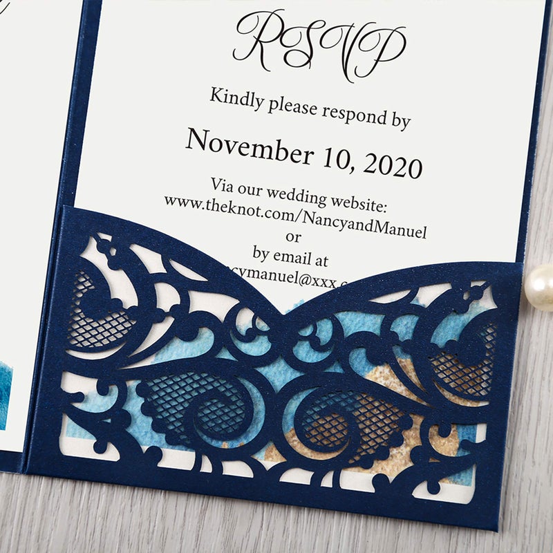 DORIS HOME 50PCS Laser Cut Wedding Invitations with Envelopes and RSVP Cards BLANK Inner With Gold Glitter Belly Band for Wedding Engagement Bridal Shower Party Invite 4.7x7 Inch Navy Blue - Image 4